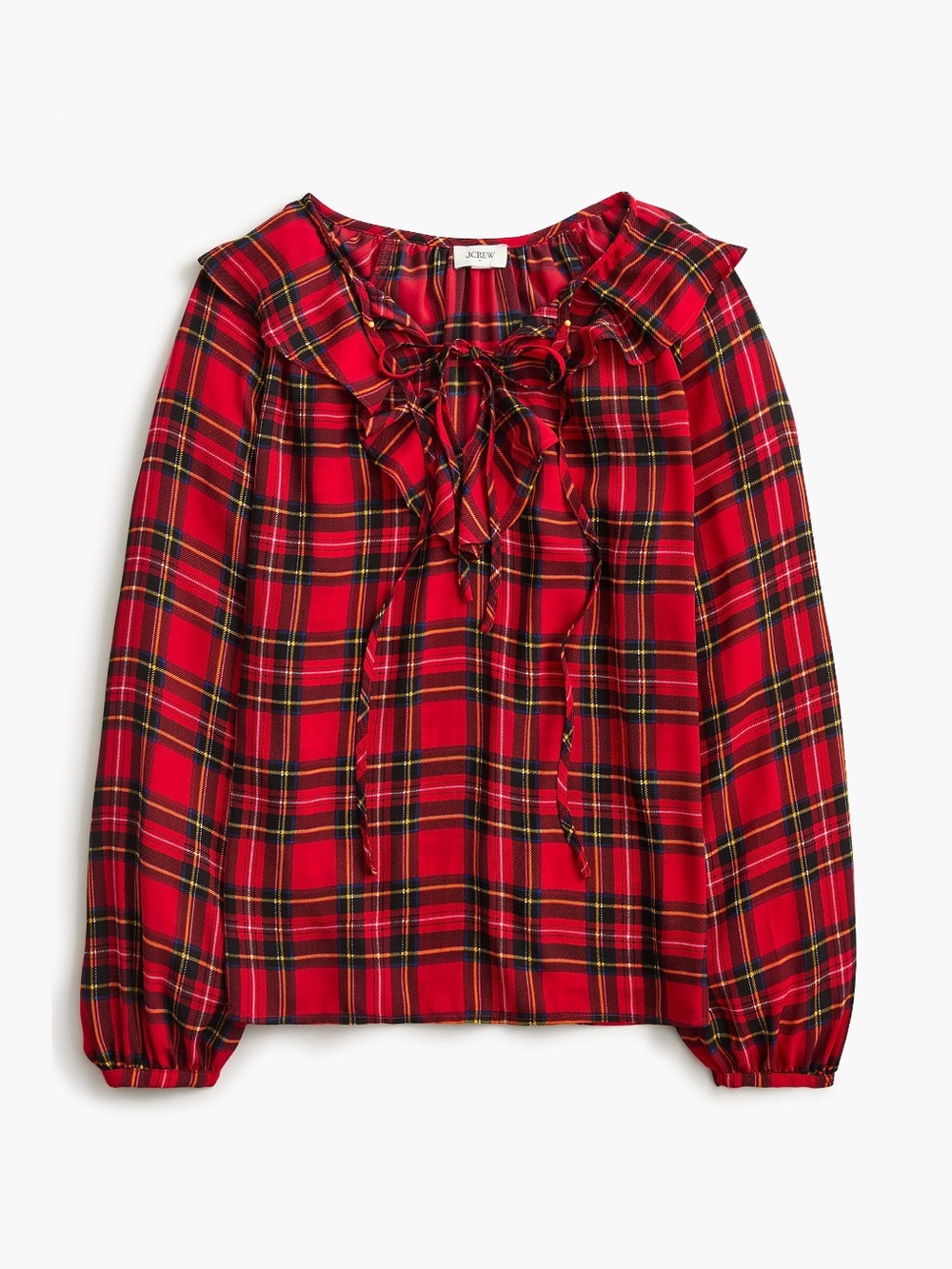 JCREW Red Plaid Tartan ruffle tie-front top